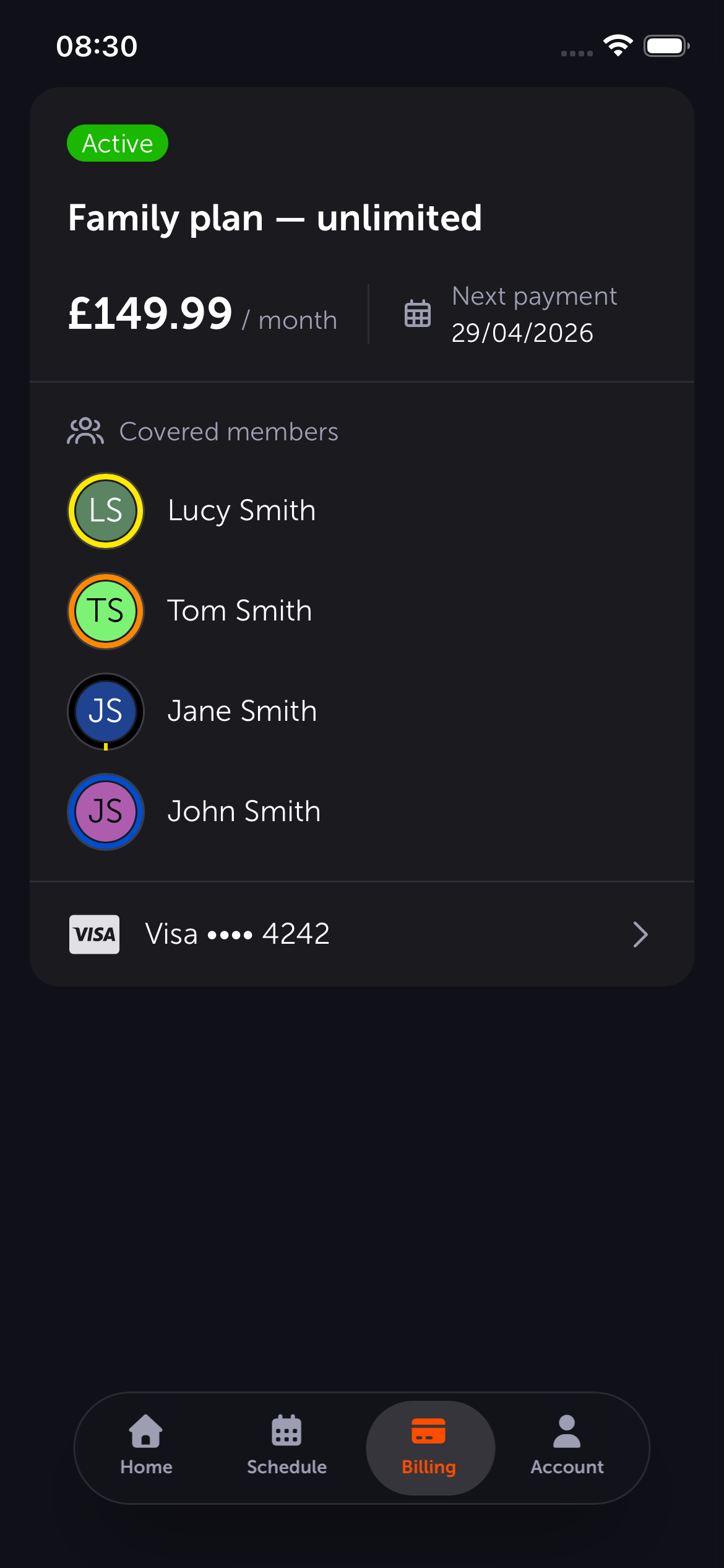 Student app billing screen showing subscription and payment method