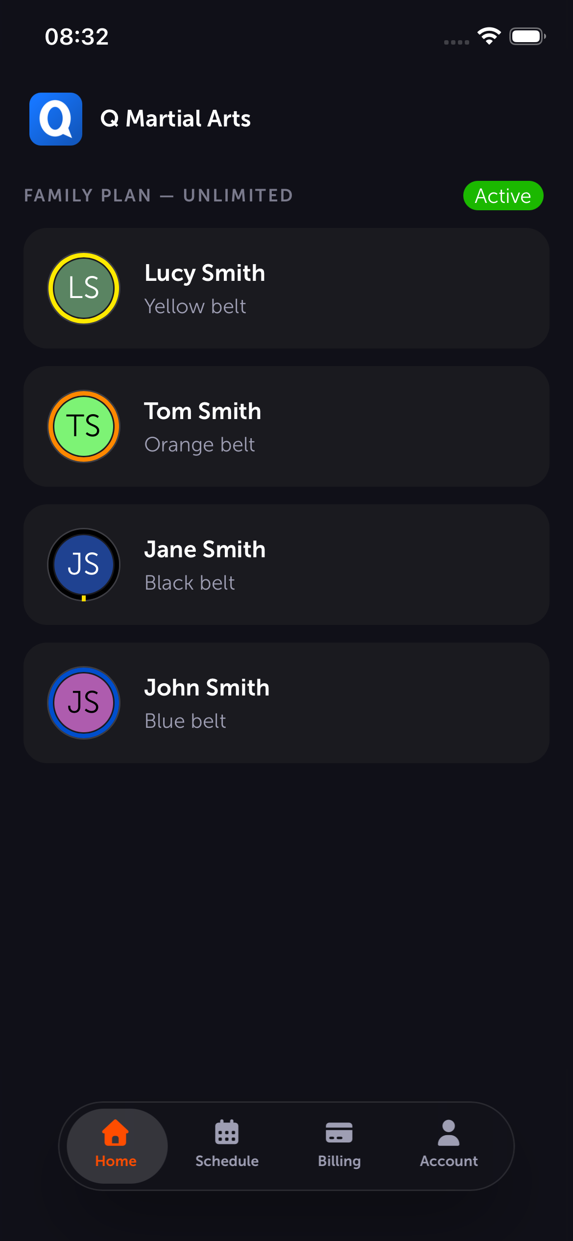 Student app home screen showing membership and student cards