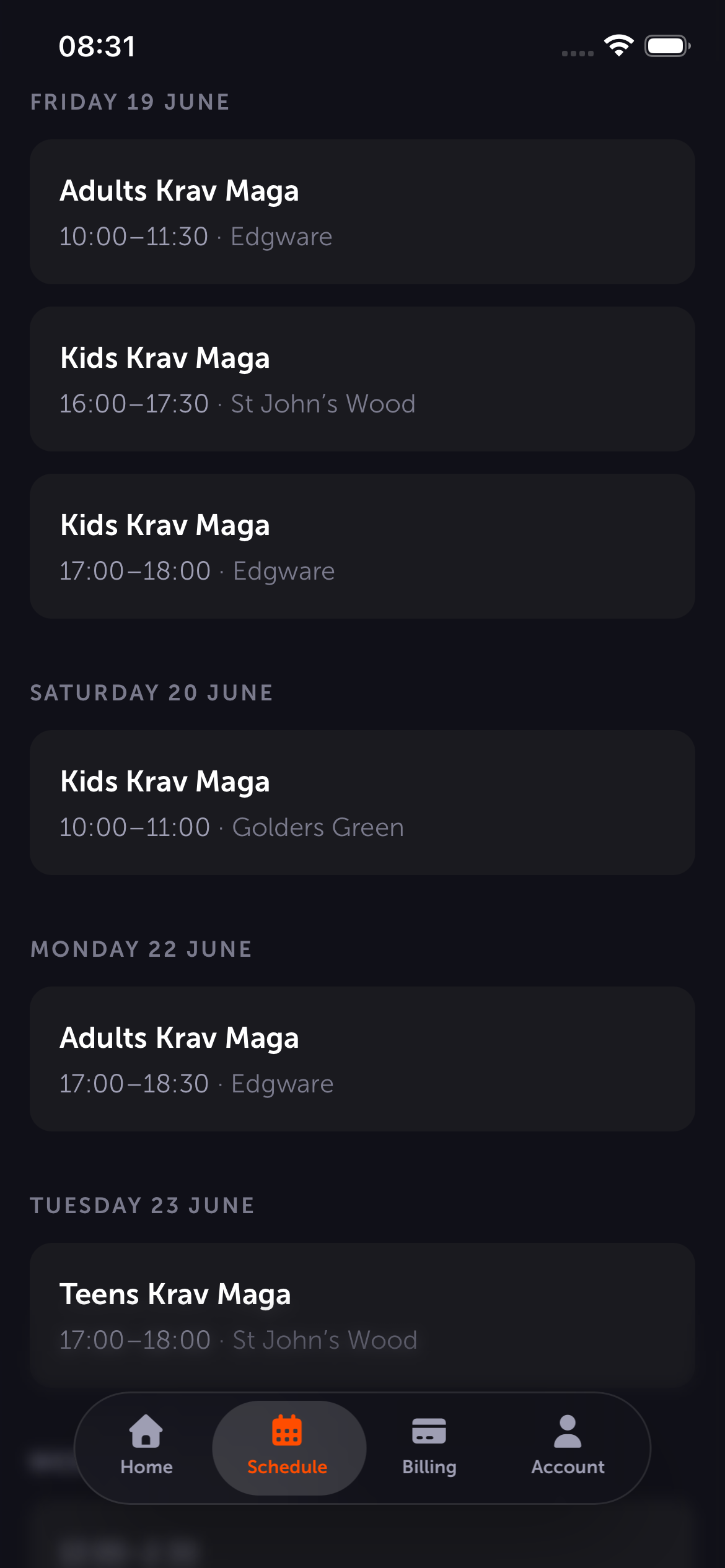 Student app schedule screen showing upcoming classes